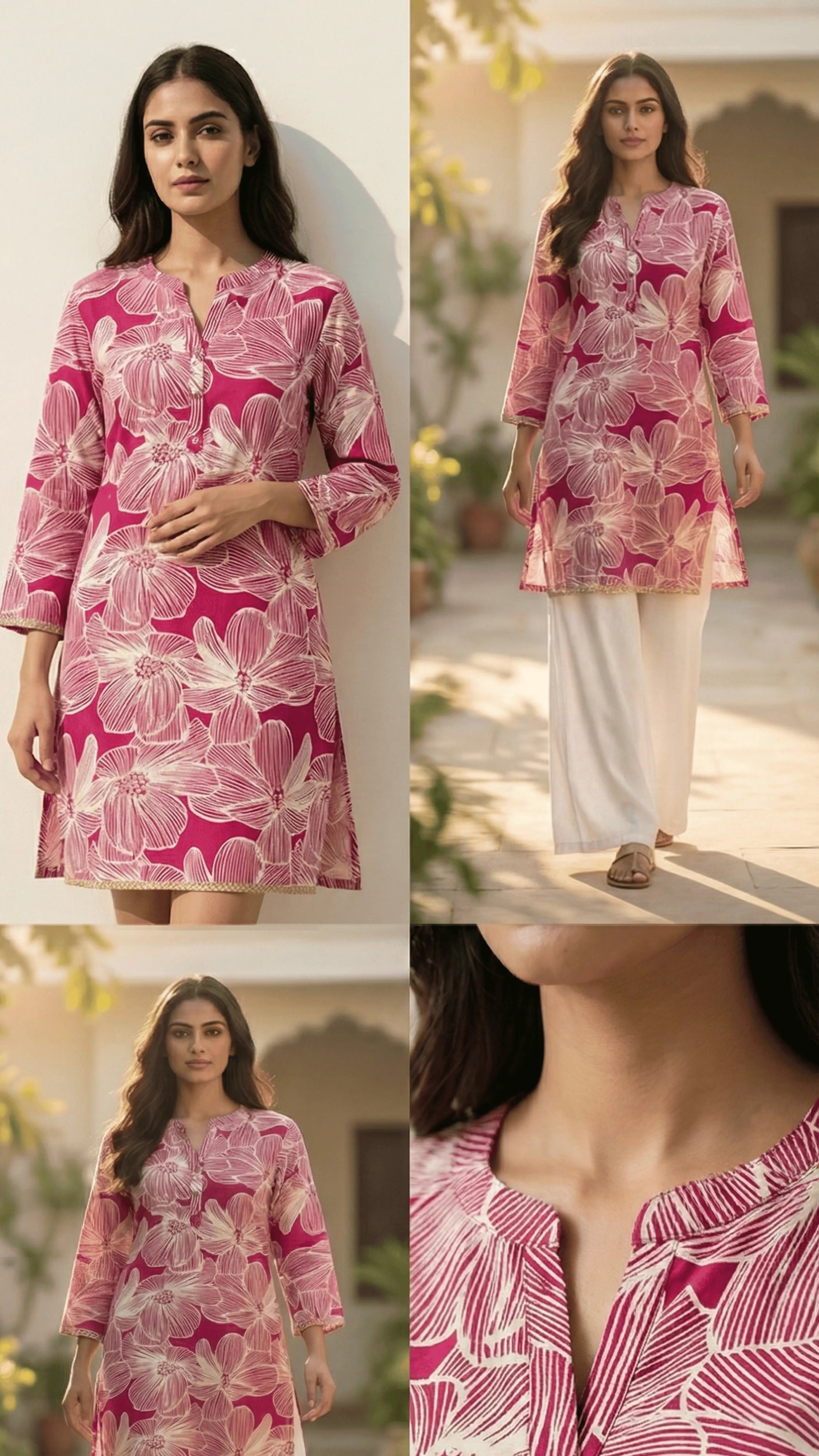 Woman wearing pure cotton short kurti - soft comfortable stylish ethnic top by Viraangana