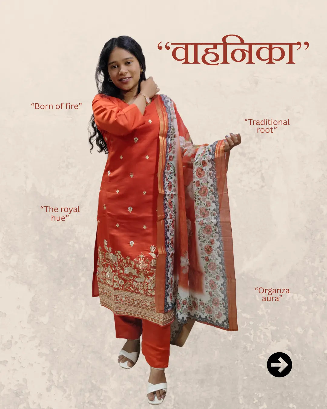 Woman wearing Vahanika designer organza dress with elephant print - festive ethnic wear by Viraangana