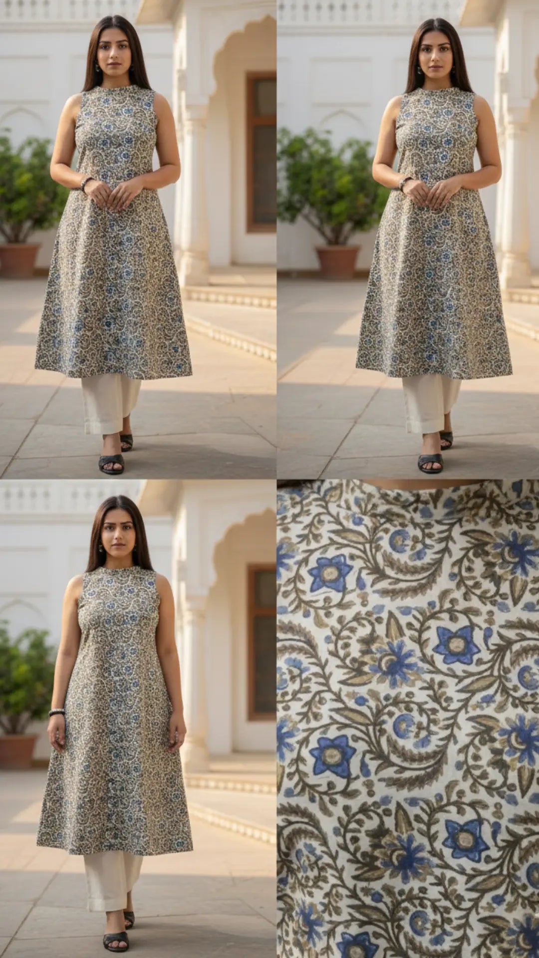 Woman wearing Kalamkari print ankle length kurti with boat neck - soft ethnic dress by Viraangana