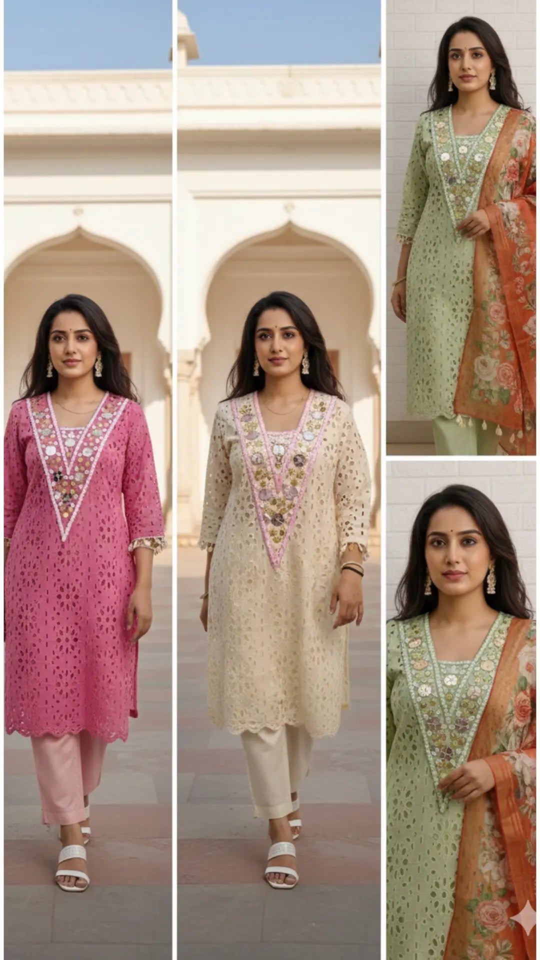 Pink schiffli cotton kurta set with mirror work - office and festive ethnic suit