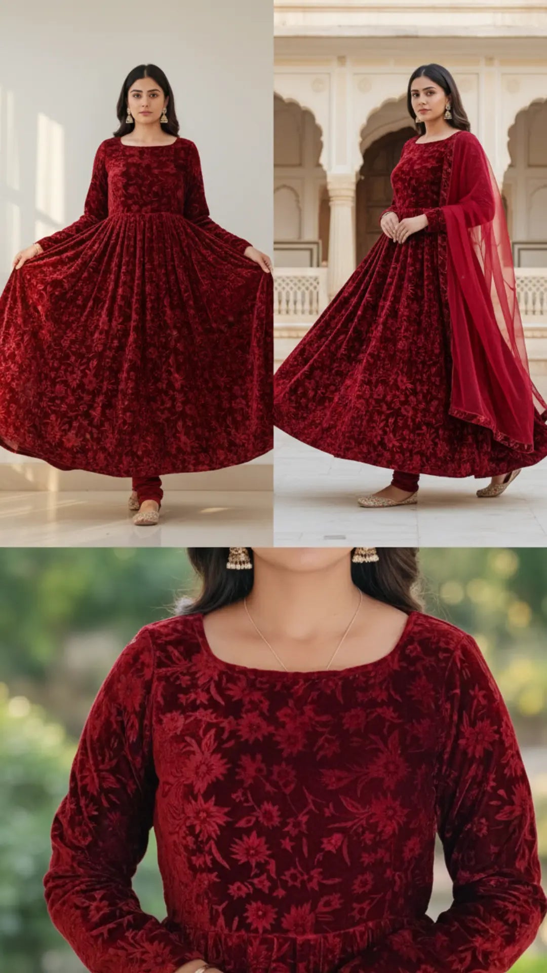 Woman wearing red velvet printed Anarkali dress - soft comfortable festive ethnic gown by Viraangana